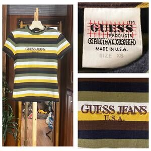 Vintage 90s Guess Jeans USA Striped T-Shirt Unisex XS | Brown Green Yellow USA